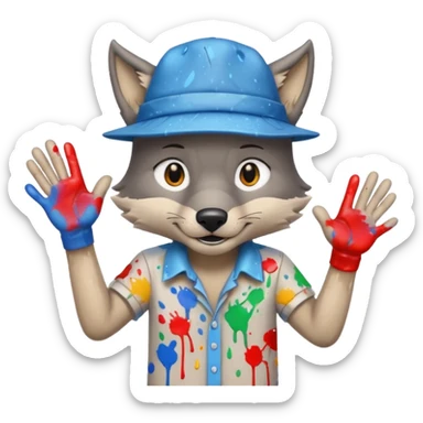 Wolf cartoon shaking hand wering hat and paint shirt children version  sticker