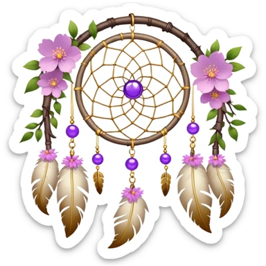 A white-birch Dreamcatcher. with purple-round-orbs, gold-rings hanging down. purple flowers, pink sakura flowers, sticker