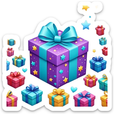 cute gift box with sparkling stars and hearts, smiling wrapping paper, vibrant colors, joyful and romantic mood sticker