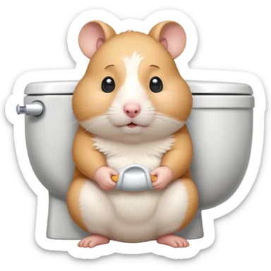 Cute chubby cartoon-style hamster sitting on toilet pooping looking as if he had an accident sticker