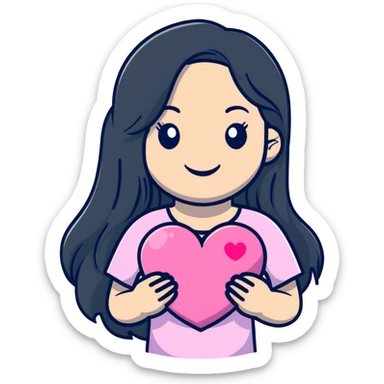a black girl with long hair hols a pink heart with a smile sticker