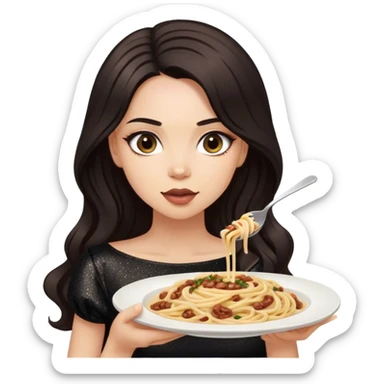 Beautiful woman in 1950’s woman fashion look, black shimmery dress, long dark brown hair, Carbonara sticker