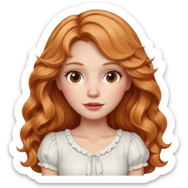 white woman  with strawberry blonde super long wavy hair, white skirt, blushed cheeks sticker