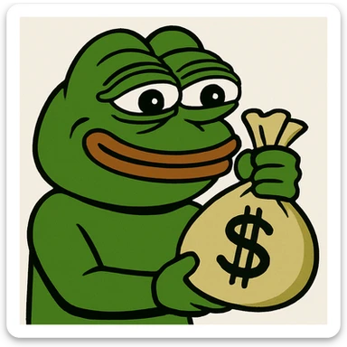 Pepe the Frog holding a money bag, happy expression sticker