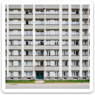 Soviet-era panel apartment building with rows of identical windows, gray concrete facade, flat roof, typical Russian multi-story residential building sticker