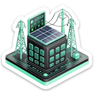 Énergie (Energy), 3D technical icon with black and mint green (#B5F4D3), energy regulatory framework with power grid schematics and compliance metrics sticker