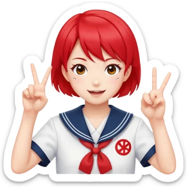 Energetic anime girl with short bright red hair wearing Japanese sailor style school uniform, winking and making double peace signs, very cheerful and bubbly, kawaii style sticker