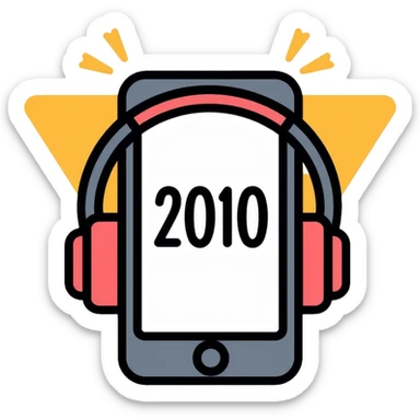 Music playlist icon with smartphone, headphones, and "2010" text, representing 2010s decade music sticker