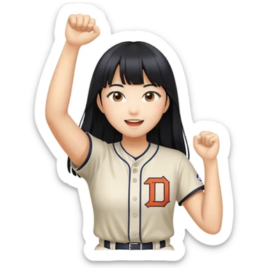 Asian woman with long black straight hair with bangs cheering for Doosan Bears baseball team sticker