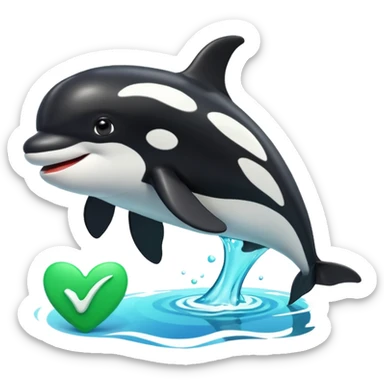3d Cartoon orca with a green checkmark next to it sticker