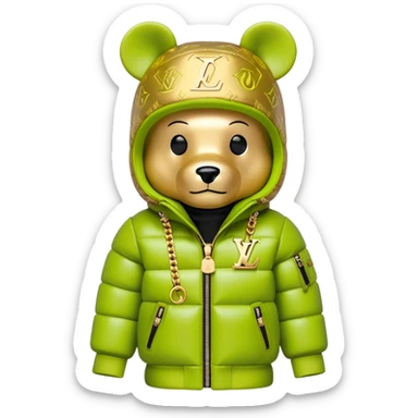 traditional cube-shaped bearbrick toy with squared head, lime balaclava with graffiti logos and integrated dark visor shield, Louis Vuitton monogram puffer jacket with plush fur hood trim, gold chains sticker
