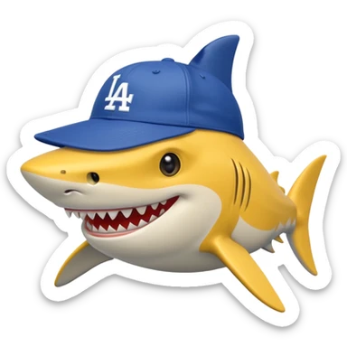 A yellow shark with a L a dodgers hat on sticker