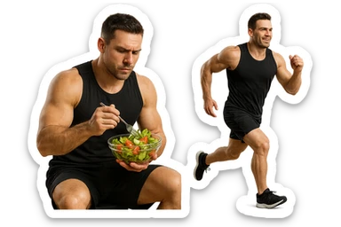 uomo fitness che mangia insalata accanto a uomo identico esteticamente che corre, iperrealistici 4k sticker
