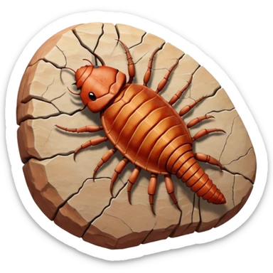 3D render of Trilobite, embedded in a chunk of rough sedimentary rock, cracked stone texture, ancient fossil aesthetic, fossilized in reddish sandstone rock, matte dry finish, Apple emoji style, isolated on white background --v 6.0 sticker