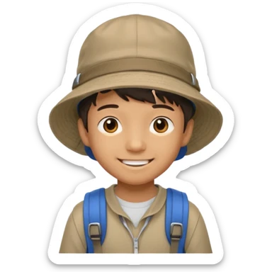 a young student boy with the backpack with bucket hat sticker