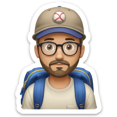 adventurer with goatee beard (no beard on cheeks), short hair, glasses, backwards baseball cap and backpack sticker