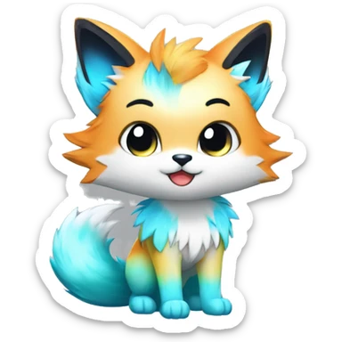 a colorful shiny sparkle-furry fur-sona kemono-style-chibi-style cat-fox-Fakémon-hybrid full body sticker
