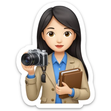 journalist asian woman long hair holding camera and notebook sticker