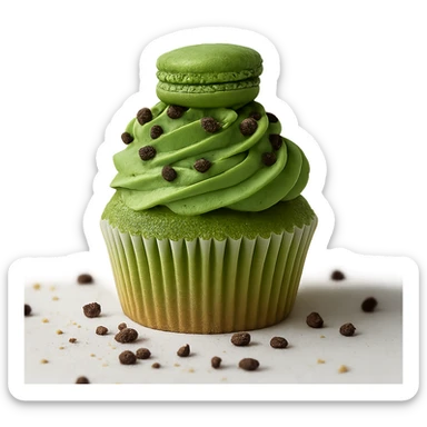 Change the icing to matcha (green tea) flavor, keep the realistic cupcake and accessories, photorealistic style, transparent background. sticker