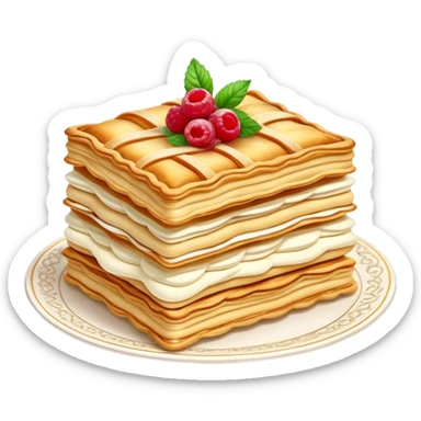 Mille-feuille Cinematic Realistic Mille-Feuille Dessert Emoji, depicted as a delicate pastry composed of two crisp layers of puff pastry with a rich cream filling, rendered with intricate textures and elegant, soft lighting. sticker