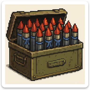 A big long military box filled with long war rockets with a blue ribbon, pixel art style sticker