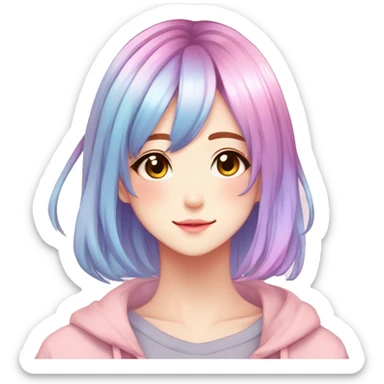 Gorgeous anime style shojo character with blushing face aesthetic and pretty colorful shiny gradient pastel hair with hair garment trending style sticker