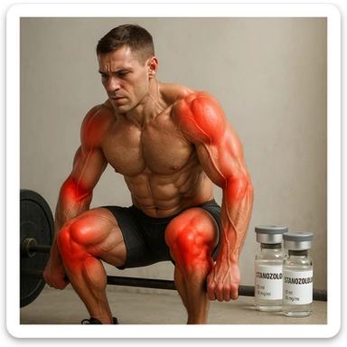 realistic and anatomical crossfit athlete with joints highlighted in red to show pain, detailed muscles, rigid posture, vials of 'Stanozololo' nearby, natural light, neutral background sticker