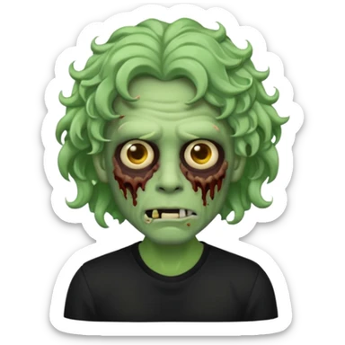 Emoji masculino de zumbi estilo iPhone,com cabelo ondulado grande, camisa preta e brincos sticker