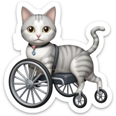 disabled grey and white cat using cat wheelchair sticker