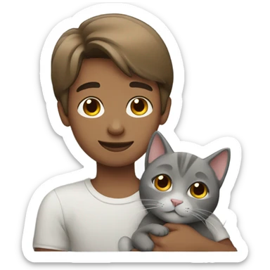 straight hair brown boy cuddling a grey cat sticker