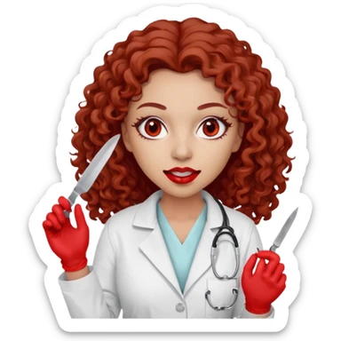 0Scary woman scalpel in hand, evil surgeon sexy surgeon clothes.  She has red eyes. Her  brown long curly hair. Wears sexy doctor outfit with red gloves. make her hair free and brown but she  wear mouth cover   to hide. Wears white surgeon jacket and  only   death long , long beown hair  sticker
