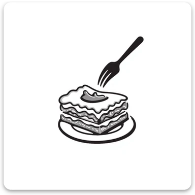 A hand-drawn plate of lasagna with a fork taking a bite, showing the layers sticker