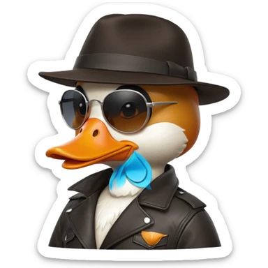 Cute white anthropomorphic duck gangster in black fedora hat, large sunglasses, orange beak, leather jacket. Glossy 3D cartoon emoji style, vibrant, detailed feathers/textures, side profile pose, transparent PNG background, ultra-detailed 8k, no text.
 sticker