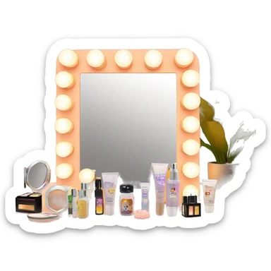 Hollywood vanity with lights around mirror and skincare laid out sticker