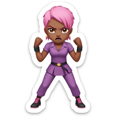 full body angry feminist with half bald head and half pink hair, extremely angry facial expression, fists clenched, aggressive stance sticker