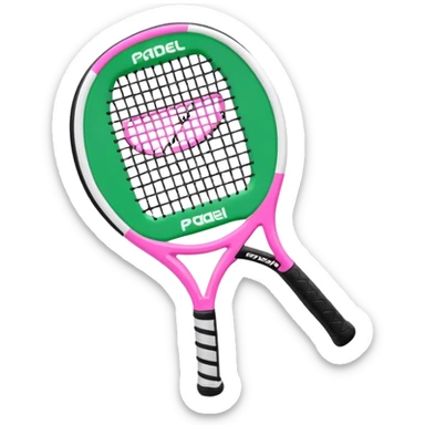 green padel racquet
with white frame
black grip
with a pink "p" in the middle
"padel in action academy" in white on top sticker
