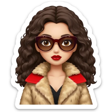 generate a pretty fair bratz girl with dark brown eyes, dark brown wavy hair, beige fur coat, black sunglasses, red lipstick. RICH sticker