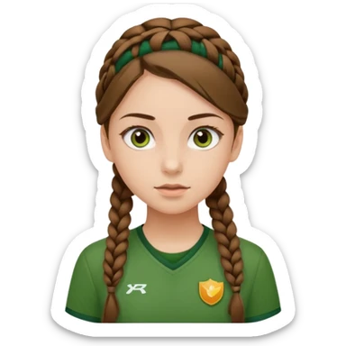 Kahverengi at kuyruklu ışıltılı bir örgülü kahverengi gözlü yeşil formalı içine yeşil atletli çekik gözlü bir kız sticker