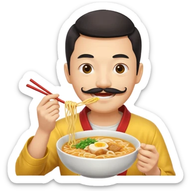 Chinese guy, yellow emoji, with long moustache smiling with ramen sticker