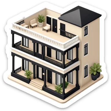 Isometric exterior little black, beige, and white hotel, elegant dollhouse style 3D realistic  sticker