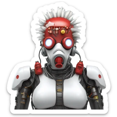 White Mohawk female cyborg head with red respirator mask and circuits sticker