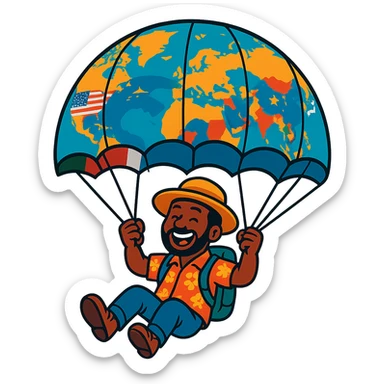 A happy tourist from cultural descent, parachuting with a world map parachute, modern style, vibrant colors, various country flags, detailed and expressive. sticker