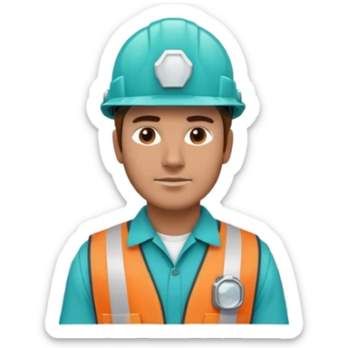 Male oil rig worker in uniform and safety helmet, cool tones with sky blue, teal green, white, and light gray sticker