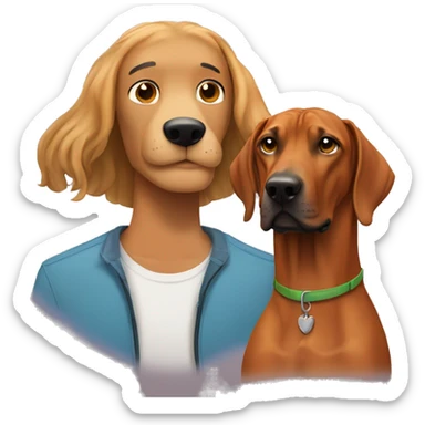 white male with long rainbow colored hair alongside a brown rhodesian ridgeback sticker