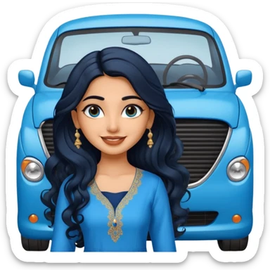 a pretty indian bratz girl with wavy long black hair, wearing a blue kurti, eyeliner on, indian auto behind her sticker
