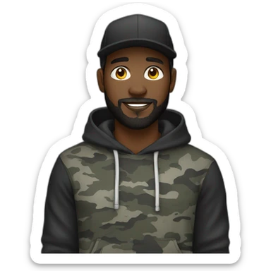 black man with a beard, gray camo hat, black pullover  hoodie sticker