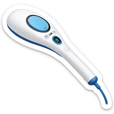 a white handheld massager with a rounded, padded head and a long handle. The handle features a blue accent area with a small black switch in the center, and a cord emerging from the bottom. The head is slightly larger than the handle and attached with a short blue neck sticker