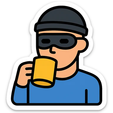 color outline icon style man's face with a black full mask drinking coffee sticker