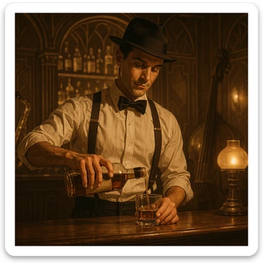 A speakeasy bartender, bow tie and suspenders, pouring whiskey, jazz age ambiance. sticker