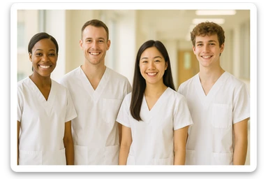 four nursing students standing side by side without touching, warm atmosphere, wearing short-sleeved white uniforms, no undershirts or stethoscopes sticker